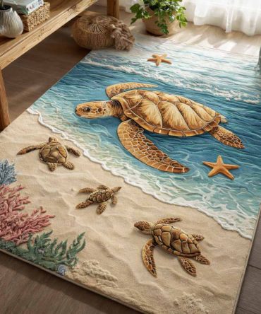 Hand-Tufted Sea Turtle Rug — Coastal Area Accent With Lively Ocean Palette For Living Room, Patio & Kids’ Spaces, Durable Low Pile