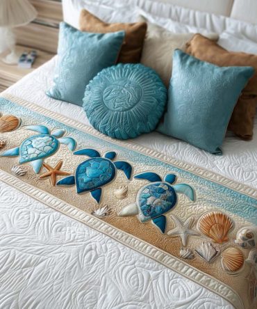 Coastal Turtle Quilted Bed Runner — Nautical Beach Bedding Accent, Soft Cotton-Blend, Machine Washable Throw For Queen & King Beds