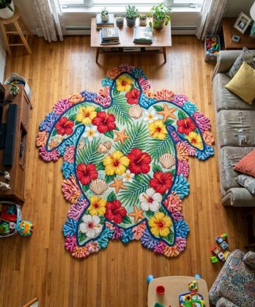 Custom-Shaped Sea Turtle Rug — Coastal Shaped Area Rug For Beach-Themed Rooms, Unique Non-Slip Accent Mat, Made-To-Order Sizes