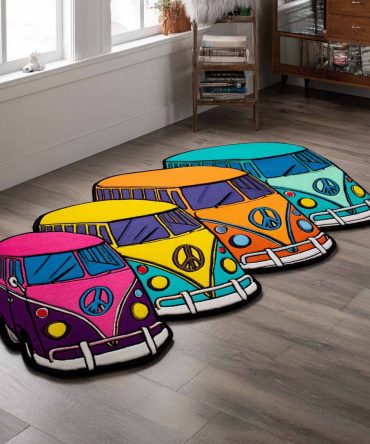 Color Caravan Custom-Shaped Rug — Unique Multicolor Caravan Silhouette Rug For Kids Rooms, Events & Retail Displays; Custom Sizes, Fade-Safe