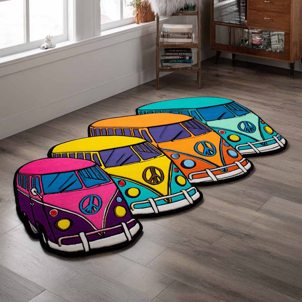 Color Caravan Custom-Shaped Rug — Unique Multicolor Caravan Silhouette Rug For Kids Rooms, Events & Retail Displays; Custom Sizes, Fade-Safe