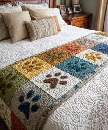 Color Pawpatch Quilted Bed Runner — Vibrant Patchwork Accent With Playful Paw Motifs, Perfect For Kids’ Rooms & Pet-Friendly Spaces