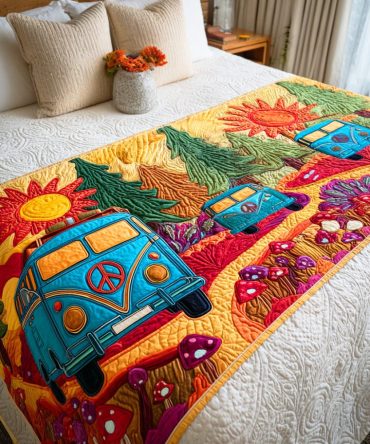 Colorburst Truck Quilted Bed Runner – Fun Kids Transportation Bed Scarf With Bold Prints , Soft Quilted Throw For Playrooms & Bedrooms