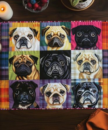 Colorful Baby Pugs Quilted Placemat - Vibrant Cotton Table Mat, Reversible Design, Machine Washable, Playful Pet Decor