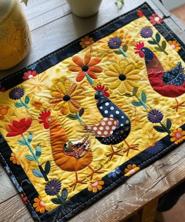 Colorful Farmyard Chicken Quilted Placemat — Cheerful Reversible Table Mat for Kitchen Dining, Easy-Care & Durable Design