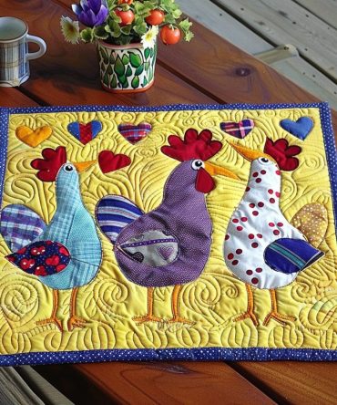 Colorful Chickens Quilted Placemat — Vibrant Farmyard Rooster & Hen Design, Quilted Cotton Mat for Cheerful Kitchen Tables