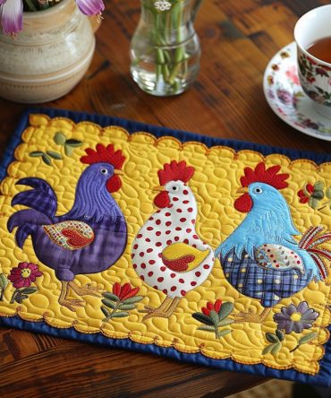 Playful Farmhouse Quilted Placemat - Colorful Rooster & Chicken Design Cotton Dining Pad for Country Kitchen Charm and Easy Care