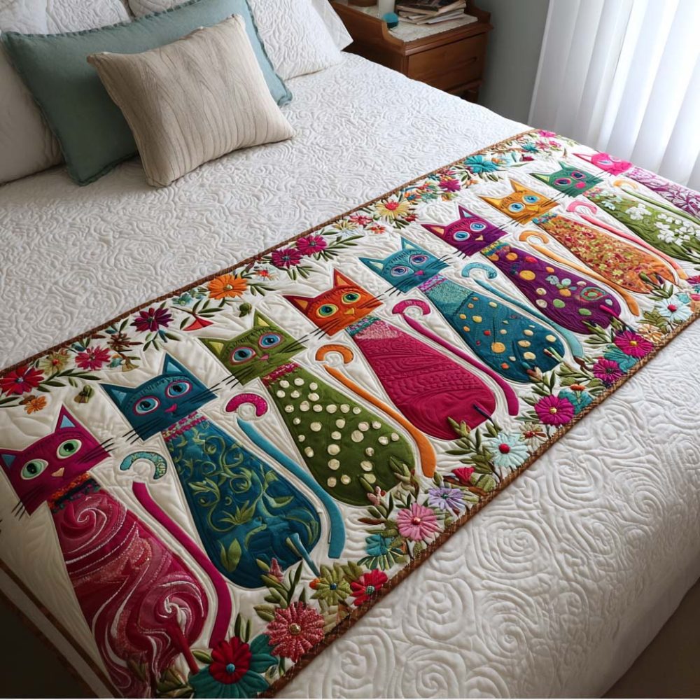 Funny Cats Quilted Bed Runner — Whimsical Cat-Themed Bedding Accent For Pet Lovers, Soft Quilting & Playful Design - Image 2
