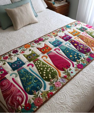 Colorful Cats Quilted Bed Runner — Playful Multi-Colored Feline Bedding Accent, Soft Quilted Scarf To Brighten Kids' Rooms & Eclectic Interiors