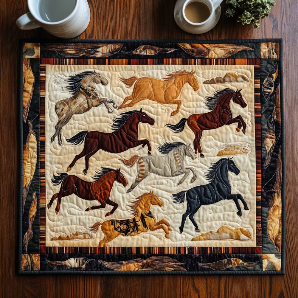Colorful Galloping Horse Quilted Placemat — Bright Equestrian Table Mat, Stain-Resistant, Heat-Proof Padding, Non-Slip Back, Easy Care