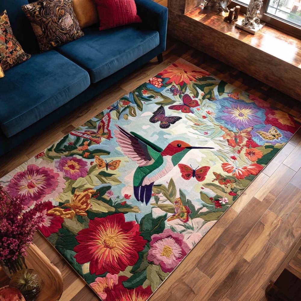 Colorful Hummingbird Area Rug — Vibrant Avian Accent Rug For Living Room, Patio, Or Nursery; Soft Texture, Fade-Safe, Non-Slip Backing