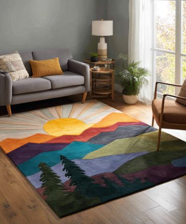 Colorful Peaks Mountain Rug — Scenic Abstract Peaks Area Rug For Cabin, Living Room & Kids Playroom; Durable, Easy-Clean, Soft Underfoot