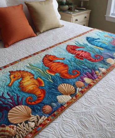 Colorful Seahorses Quilted Bed Runner — Playful Nautical Bed Scarf With Bright Seahorse Motifs, Soft & Easy Care