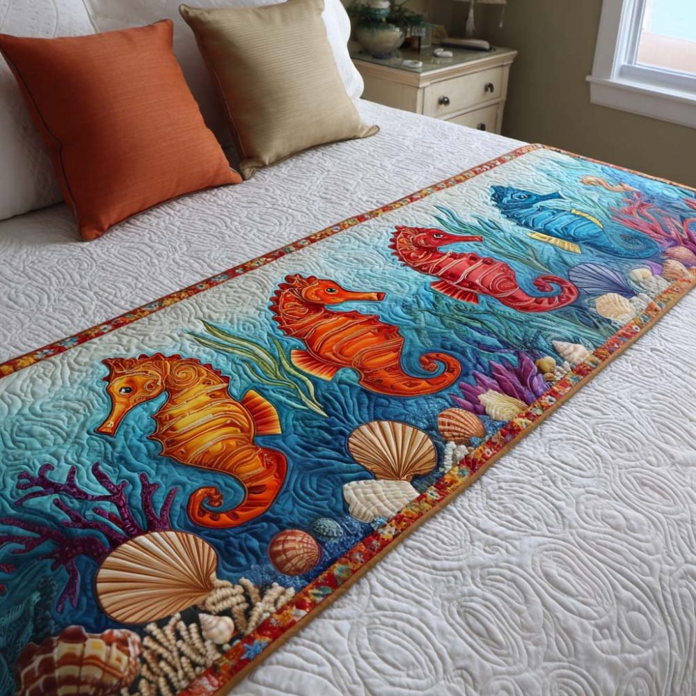 Colorful Seahorses Quilted Bed Runner — Playful Nautical Bed Scarf With Bright Seahorse Motifs, Soft & Easy Care