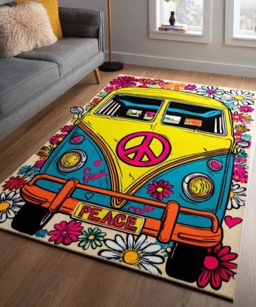 Retro Van Daisy Accent Rug — Colorful Floral Area Rug For Boho Living Room, Soft Texture, High-Impact Decor Piece