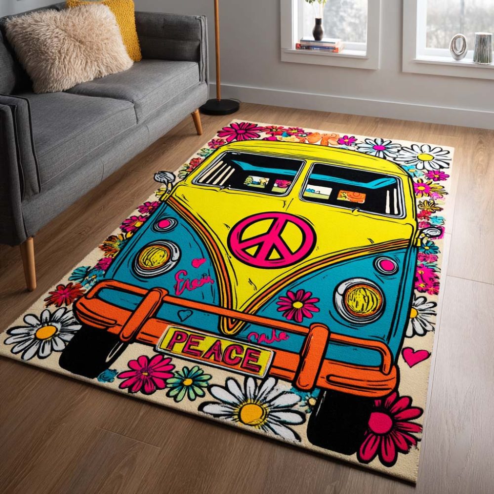 Retro Van Daisy Accent Rug — Colorful Floral Area Rug For Boho Living Room, Soft Texture, High-Impact Decor Piece