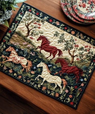 Colorful Wild Horse Quilted Placemat - Vibrant Equine Table Mat, Western Horse Kitchen & Barn Dining Decor, Durable & Machine-Washable