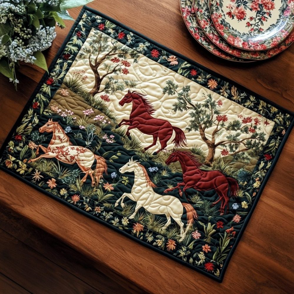 Colorful Wild Horse Quilted Placemat - Vibrant Equine Table Mat, Western Horse Kitchen & Barn Dining Decor, Durable & Machine-Washable