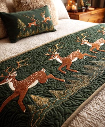 Copper Woodland Quilted Bed Scarf — Rustic Autumn Leaf Design, Cozy Quilted Bed Accent For Fall Decor & Cabin-Style Bedrooms