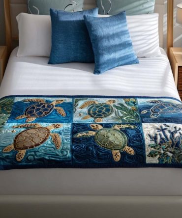 Coral Cove Turtle Quilted Bed Scarf — Vibrant Coastal Decorative Runner, Soft Cotton Blend, Reversible Design For Queen & King Beds