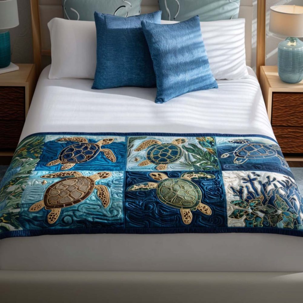 Coral Cove Turtle Quilted Bed Scarf — Vibrant Coastal Decorative Runner, Soft Cotton Blend, Reversible Design For Queen & King Beds