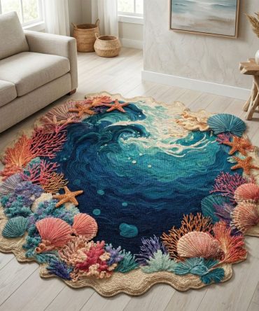 Coral Reef Lagoon Custom-Shaped Rug — Organic Lagoon Design In Custom Cut For Unique Coastal Accent, Soft Underfoot