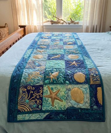 Coral Reef Mandala Quilted Bed Runner — Coastal Decorative Bed Scarf For Queen & King Beds, Lightweight & Easy Care — Beach-Inspired Accent