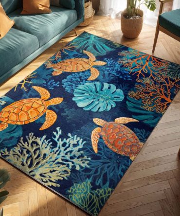 Coral Turtle Kids Rug — Cute Sea Turtle Area Rug For Nursery And Playrooms, Soft, Inviting Floor Mat With Coastal Charm