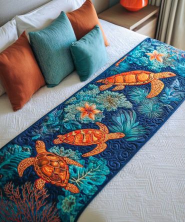 Coral Turtle Dance Quilted Bed Runner — Vibrant Coral & Sea Tones With Whimsical Turtle Pattern, Reversible Cotton-Blend Accent For Coastal Rooms
