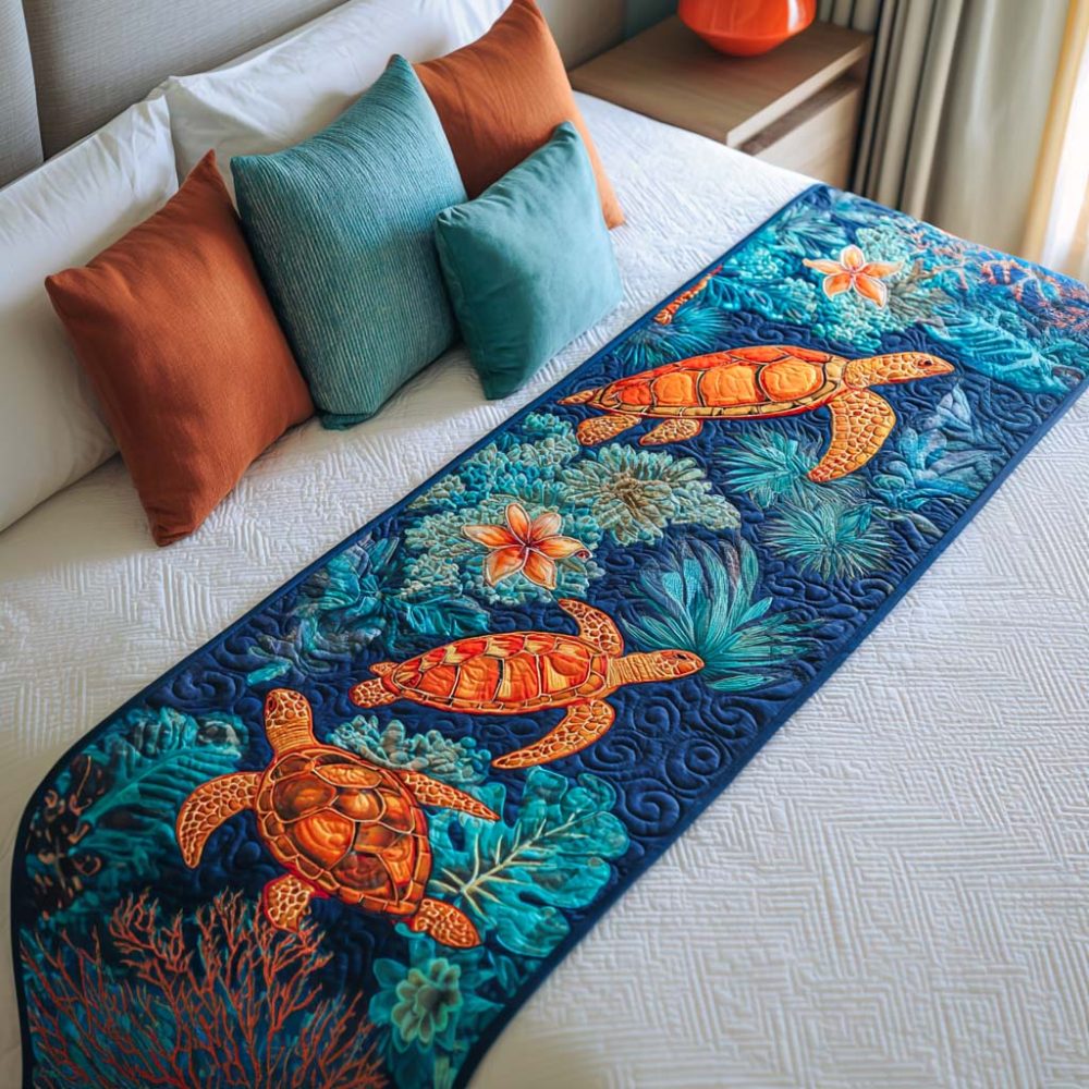 Coral Turtle Dance Quilted Bed Runner — Vibrant Coral & Sea Tones With Whimsical Turtle Pattern, Reversible Cotton-Blend Accent For Coastal Rooms
