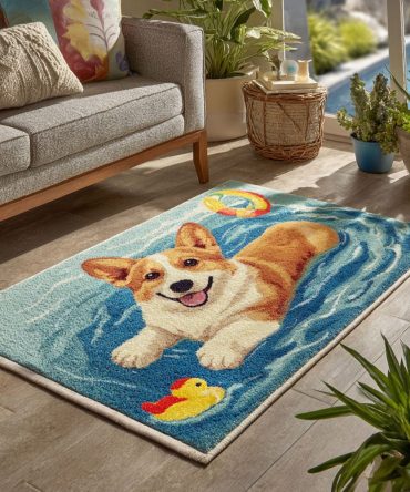 Corgi Paradise Accent Rug — Tropical-Inspired Decorative Floor Rug, Soft Pile, Non-Slip, Pet And Kid Friendly