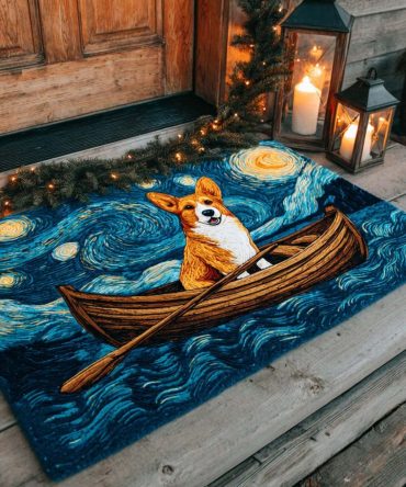 Corgi In Starry Boat Doormat — Whimsical Dog Lover Welcome Mat, Heavy-Duty Coir For Front Porch, Patio, Or Indoor Entry