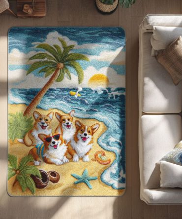 Coastal Corgi Area Rug — Beachy Dog Motif Accent Rug For Coastal Homes, Water-Resistant, Non-Slip, Easy-Care