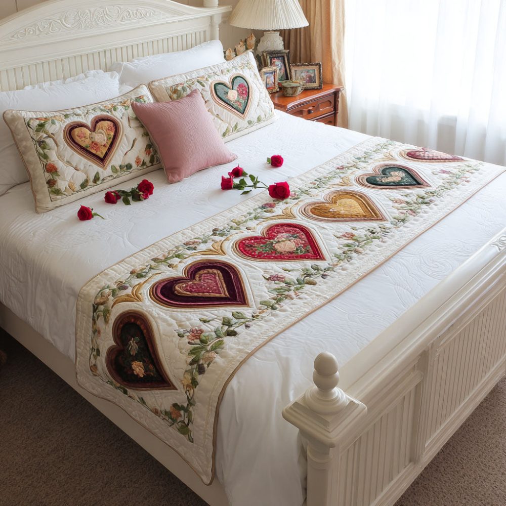 Cottage Hearts Quilted Bed Runner — Cozy Heart Pattern Bed Scarf For Country & Cottage Bedrooms, Quilted Accent To Soften Bedding Ensembles