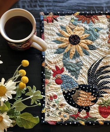 Country Farm Rooster Quilted Placemat — Rustic Rooster & Chicken Design, Durable Quilted Cotton Mat for Farmhouse Tables