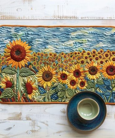 Country Sunflowers Quilted Table Placemat — Rustic Floral Dining Mat for Farmhouse Kitchens, Quilted Protection, Soft Machine-Washable Fabric