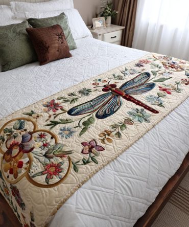 Country Dragonfly Quilted Bed Runner — Rustic Dragonfly Motif Decorative Runner, Quilted Texture For Cozy Cottage & Country Bedroom Styling