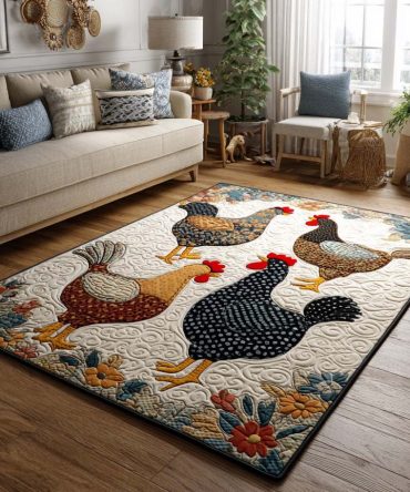 Farmhouse Rooster Area Rug — Country Kitchen Accent Mat, Durable Low-Pile, Non-Slip, Stain-Resistant & Easy-Care