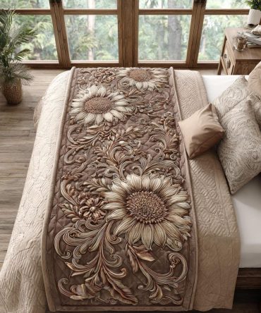 Country Sunflower Quilted Bed Runner — Rustic Floral Bed Scarf, Cotton-Blend Textured Accent, Fits Queen & King Beds, Easy Care