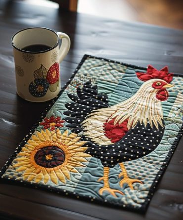 Sunflower & Chicken Quilted Table Placemat — Country Farmhouse Cotton Dining Mat, Protective Padding, Easy-Care Accent