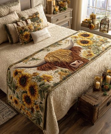 Country Cow Blossom Quilted Bed Runner - Whimsical Floral & Cow Motif Decorative Bed Scarf, Reversible Cotton Blend For Farmhouse & Cottage Bedrooms