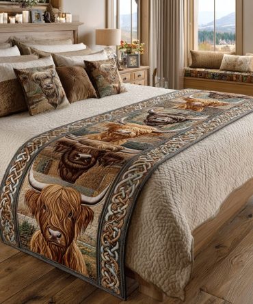 Cow Journey Quilted Bed Runner - Country Farmhouse Accent With Scenic Motif, Reversible Cotton Blend For Queen & King Beds
