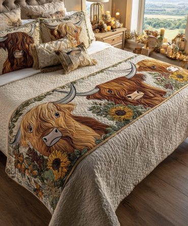 Cow Whispers Quilted Bed Runner - Rustic Farmhouse Accent With Calming Motif, Reversible Cotton Blend Runner For Queen & King Beds