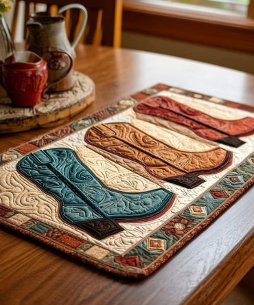 Cowboy Boots Quilted Placemat — Rustic Western Boot Table Mat for Country Dining, Durable Cotton, Heat & Stain Resistant, Machine-Washable Decor