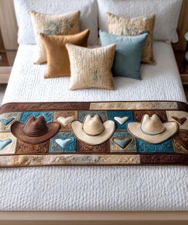 Cowboy Romance Quilted Bed Runner — Western Country Bedding Accent, Romantic Rustic Throw Runner For Beds, Durable & Machine Washable