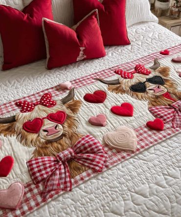Cowheart Bliss Quilted Bed Runner - Playful Cow Print Bed Scarf With Heart Motifs , Fun Farmhouse Decorative Throw For Casual & Themed Bedrooms