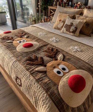 Cozy Antlers Quilted Bed Scarf — Rustic Antler Motif Runner, Reversible Cotton-Blend Accent For Cabin Or Country Style Bedrooms, Machine Washable