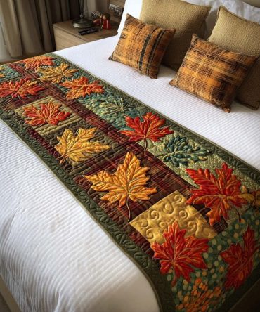 Cozy Autumn Trail Quilted Bed Scarf — Warm Harvest Bed Runner Accent, Reversible Cotton-Blend Throw For Cozy Bedrooms, Easy Care & Machine Washable
