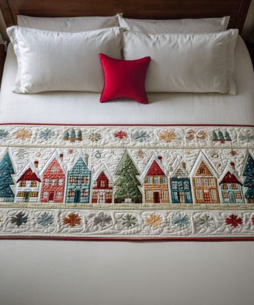 Cozy Cabin Fir Quilted Bed Runner - Rustic Fir Tree Motif In Warm Earth Tones For Lodge-Style Holiday Bedding, Quilted, Reversible Accent