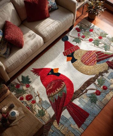 Cardinal Accent Plush Area Rug — Cozy Red Bird Design For Living Room, Entryway Or Holiday Display, Soft Polyester Low-Pile Rug
